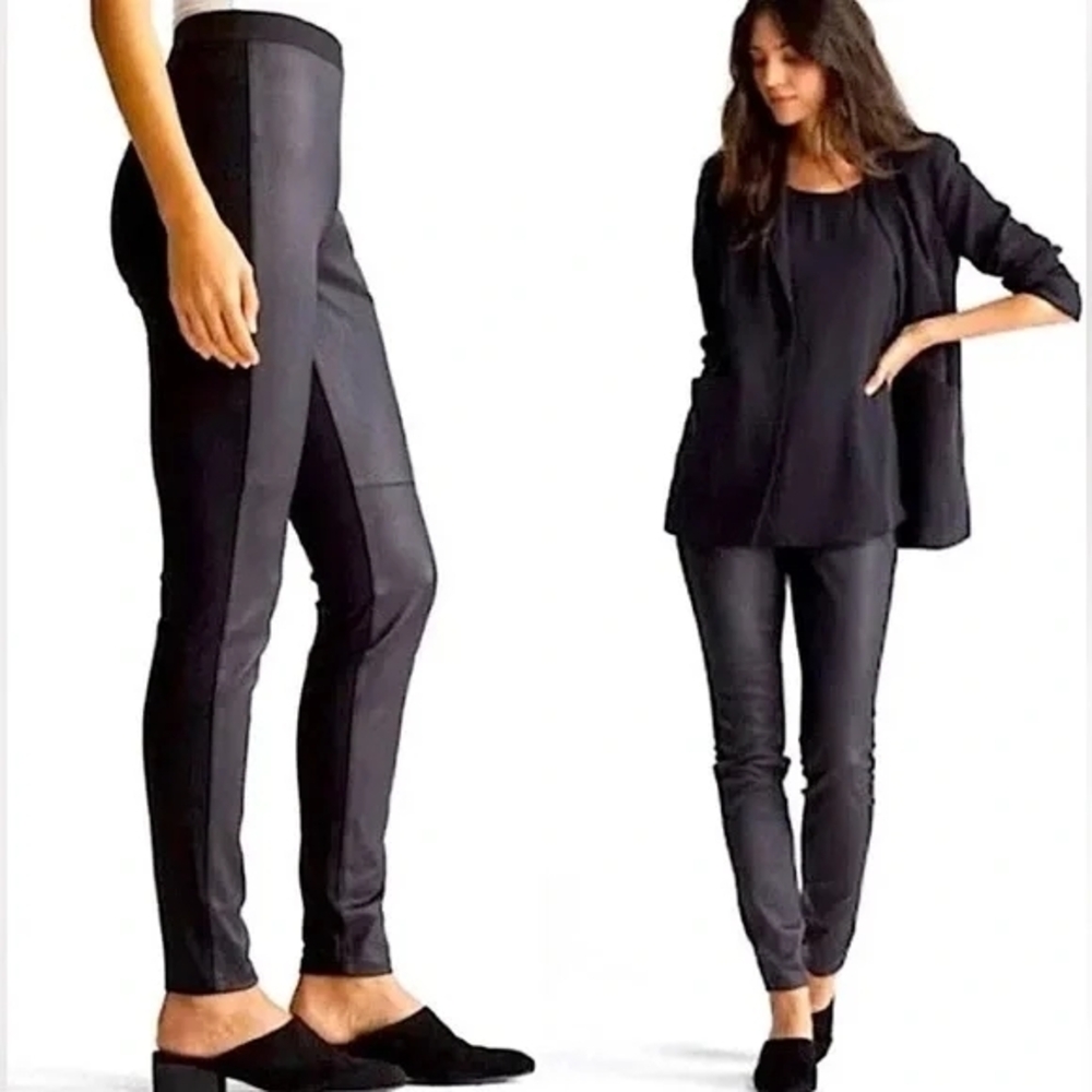 Eileen Fisher  Pull On Pants Black Lamb Leather Front Panel  Sz L Excellent Cond